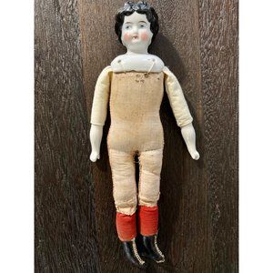 Circa 1900 Antique German China Head Low Brow Rosy Cheeked Doll Muslin Body 11"